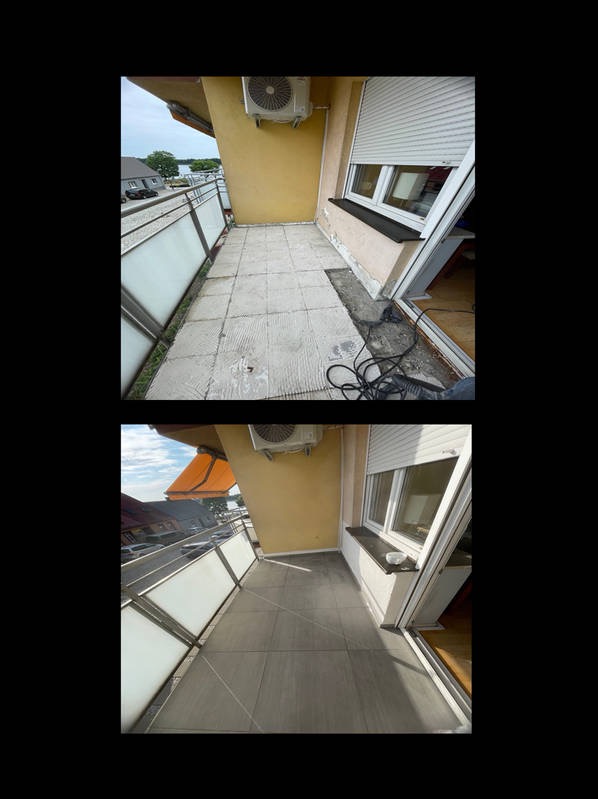 Balkon przed i po remoncie: stare, szare płytki kontra nowe, grafitowe. Widoczne narzędzia i klimatyzator. Ujęcie z góry, prezentujące efekt metamorfozy.