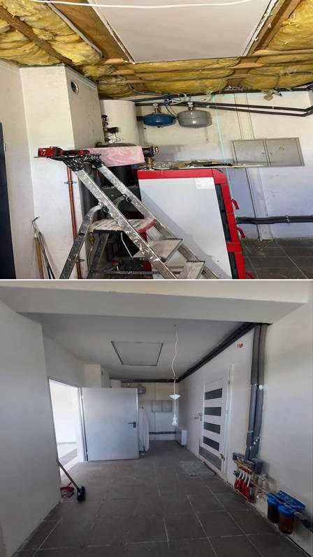 Zdjęcie 'przed i po' remontu: surowy strop z izolacją i instalacjami vs. wykończony korytarz z białymi ścianami, drzwiami i instalacją grzewczą.