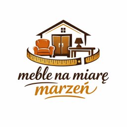 MIROSŁAW SKUBISZ - Ilustracja logo: dom z meblami (fotel, szafa, stół z lampką) otoczony miarką. Poniżej napis 'meble na miarę marzeń' w brązowo-pomarańczowej kolorystyce.