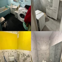 Scarbud - Oskar Kolaska - Kolaż 'przed i po' remontu łazienki i toalety: stare, niebieskie płytki i żółte ściany kontra nowe, białe marmurowe płytki i nowoczesne wyposażenie.