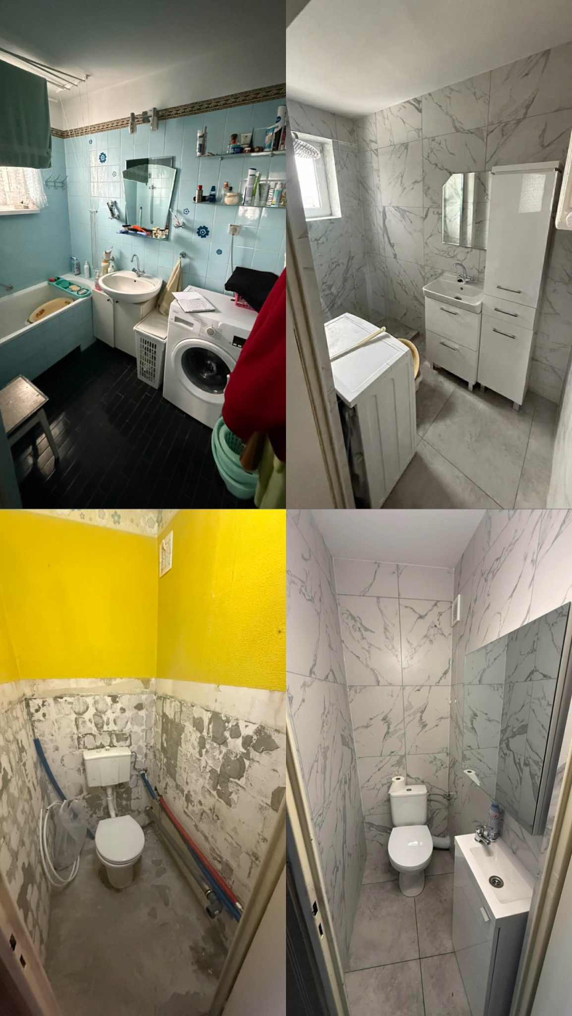 Kolaż 'przed i po' remontu łazienki i toalety: stare, niebieskie płytki i żółte ściany kontra nowe, białe marmurowe płytki i nowoczesne wyposażenie.