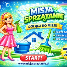 Misja Sprzątanie - Ilustracja promująca usługi sprzątania: wróżka z rozpylaczem, wiadro z pianą, szczotka, hasła 'Super połysk', 'Świeży zapach', 'Bez wysiłku' i adres strony.