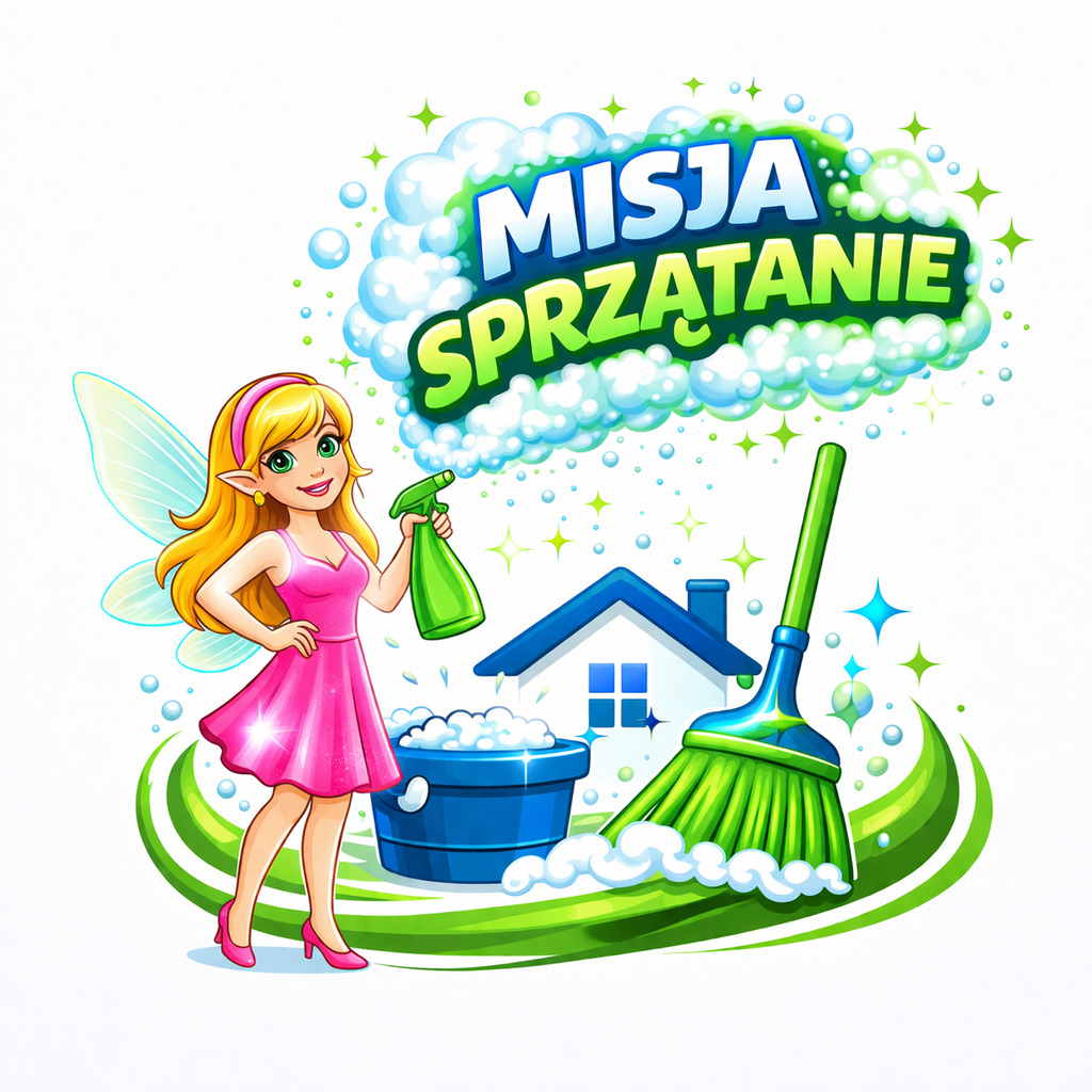 Ilustracja: wróżka z rozpylaczem i mopem, napis 'Misja Sprzątanie', wiadro z pianą i dom w tle, całość w jasnych, bajkowych kolorach na białym tle.