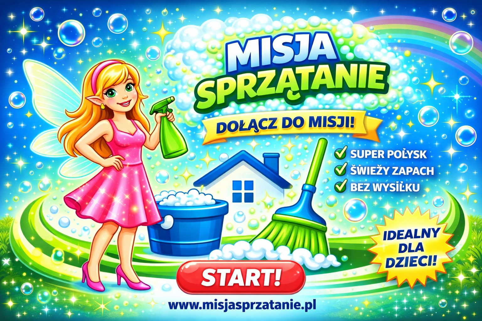 Ilustracja promująca usługi sprzątania: wróżka z rozpylaczem, wiadro z pianą, szczotka, hasła 'Super połysk', 'Świeży zapach', 'Bez wysiłku' i adres strony.