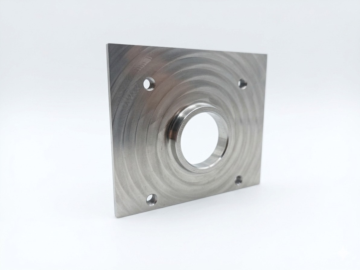 Metalowy, kwadratowy element z centralnym otworem i czterema mniejszymi otworami w rogach, wykończony z widocznymi śladami obróbki na jasnym tle.
