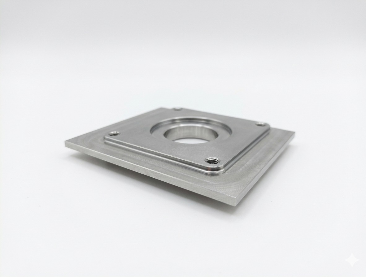 Precyzyjnie obrobiony, metalowy element o kwadratowej podstawie i centralnym, cylindrycznym otworem, widoczny na białym tle. Detal z czterema otworami na śruby.