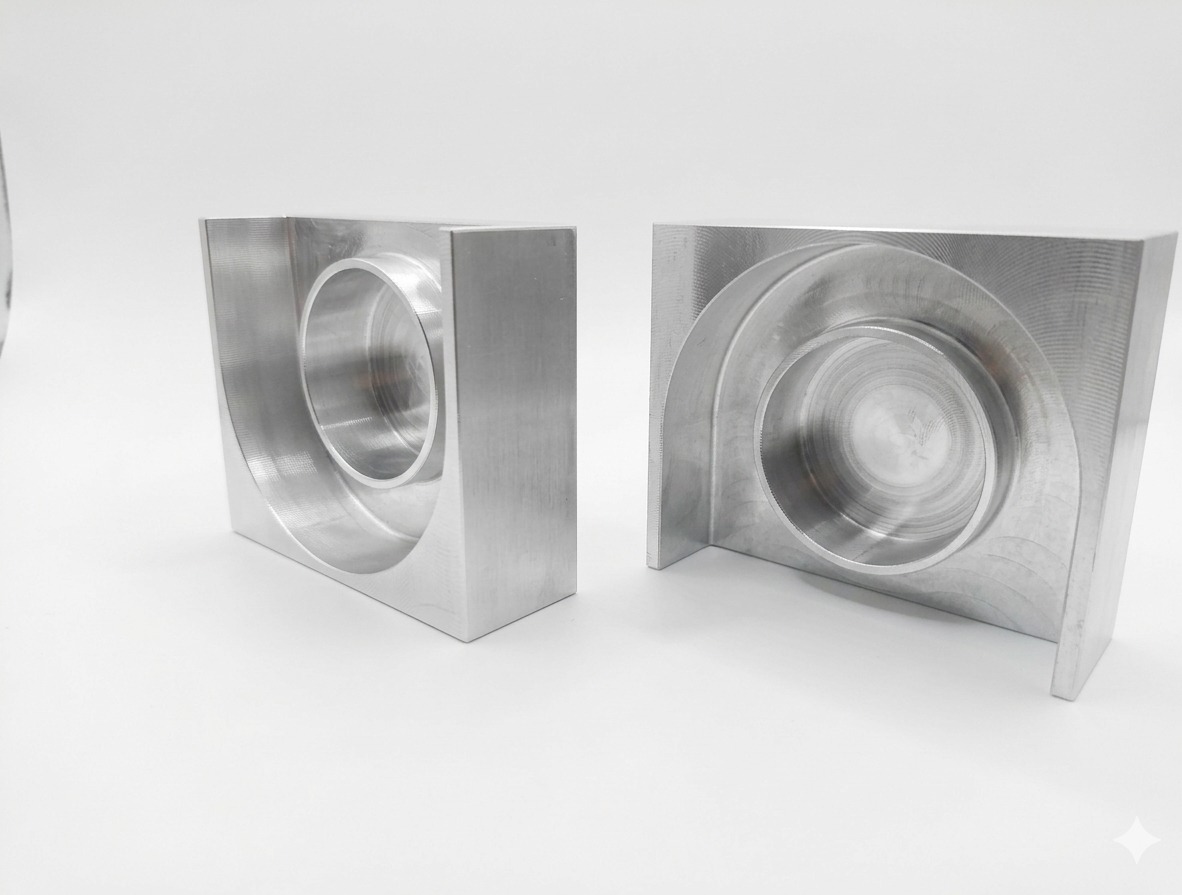Dwa precyzyjnie obrobione, srebrne, metalowe bloki z okrągłymi wgłębieniami, ukazujące dokładność i jakość wykonania na białym tle. Widoczne ślady obróbki.