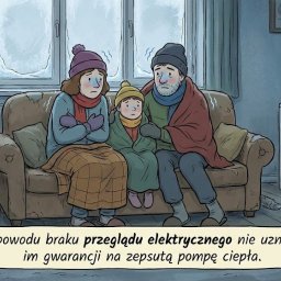 Kapryz Sp. z o.o. - Ilustracja: Zmarznięta rodzina siedzi na kanapie obok zepsutej pompy ciepła z komunikatem 'ERROR'. Tekst: brak przeglądu elektrycznego = brak gwarancji.