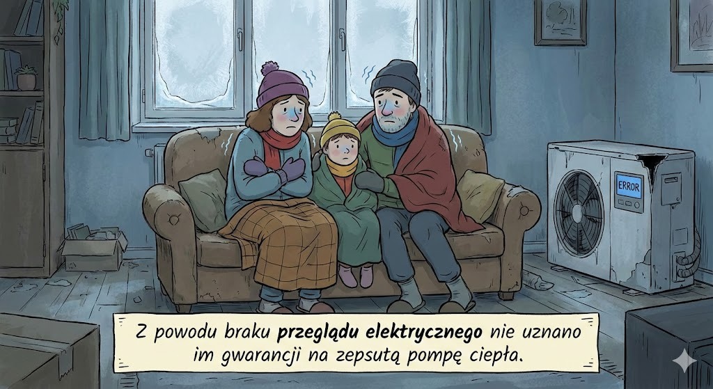 Ilustracja: Zmarznięta rodzina siedzi na kanapie obok zepsutej pompy ciepła z komunikatem 'ERROR'. Tekst: brak przeglądu elektrycznego = brak gwarancji.
