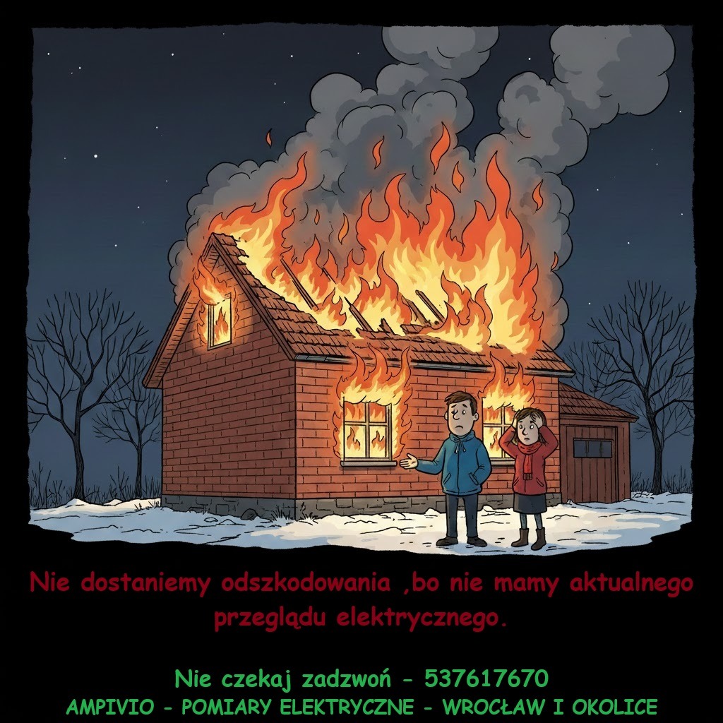 Ilustracja: płonący dom, zrozpaczeni ludzie. Brak aktualnego przeglądu elektrycznego = brak odszkodowania. Numer telefonu i nazwa firmy AMPVIO.