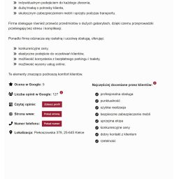 IMIXI Przeprowadzki Kielce - Profil firmy IMIXI z Kielc, prezentujący opis usług, ocenę Google (5/5, 127 opinii), dane kontaktowe oraz ranking 10/10, podkreślający profesjonalizm i rzetelność.