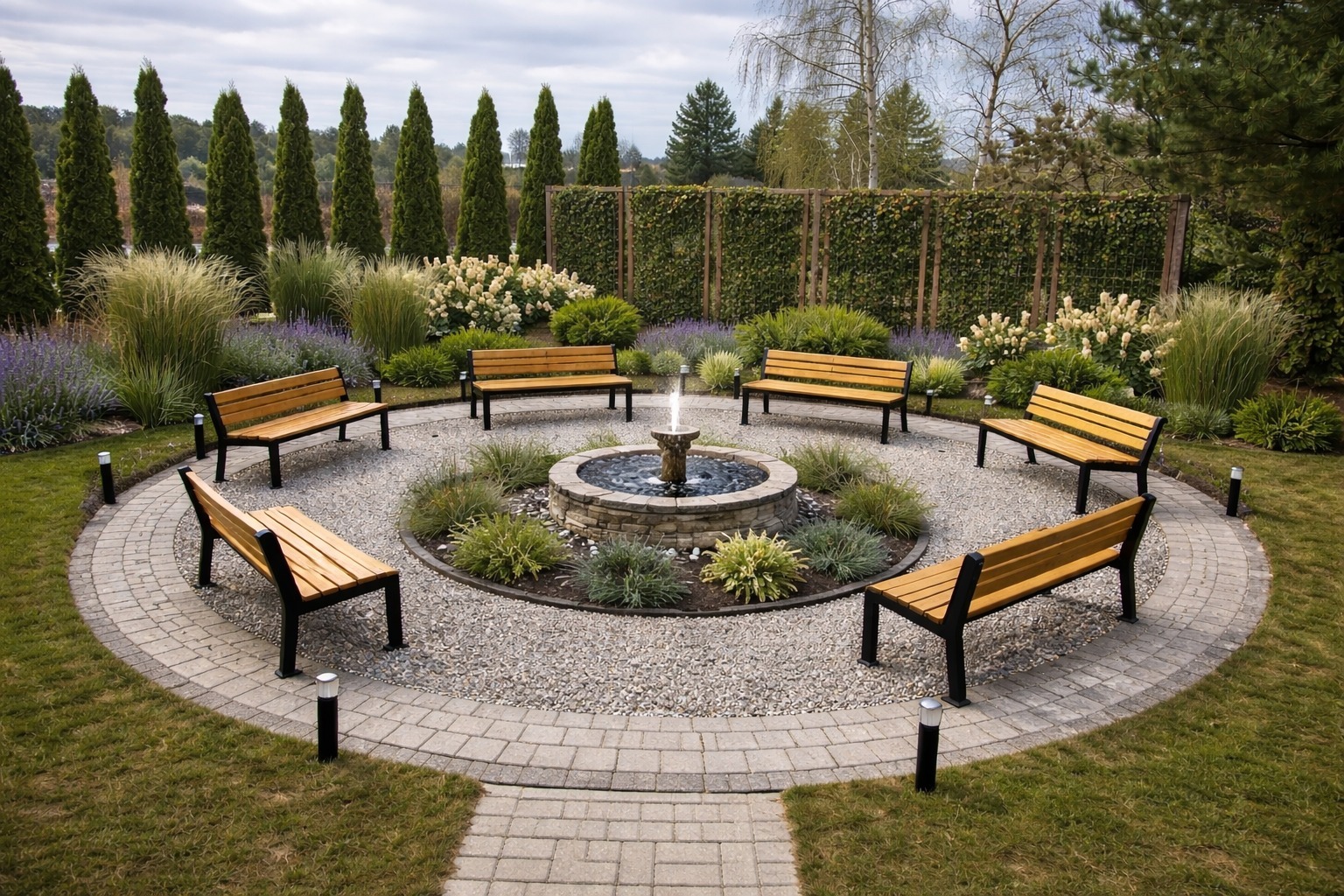 Ogród relaksacyjny z fontanną otoczoną kamiennymi ścieżkami, ławkami i ozdobnymi roślinami. Tło stanowią wysokie drzewa i żywopłot.