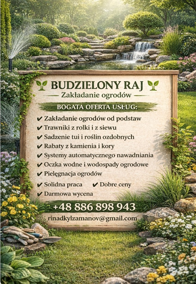 Tablica z ofertą firmy ogrodniczej 'Budzielony Raj' na tle malowniczego ogrodu z wodospadem i systemem nawadniania. Bogata oferta usług, kontakt telefoniczny i adres e-mail.