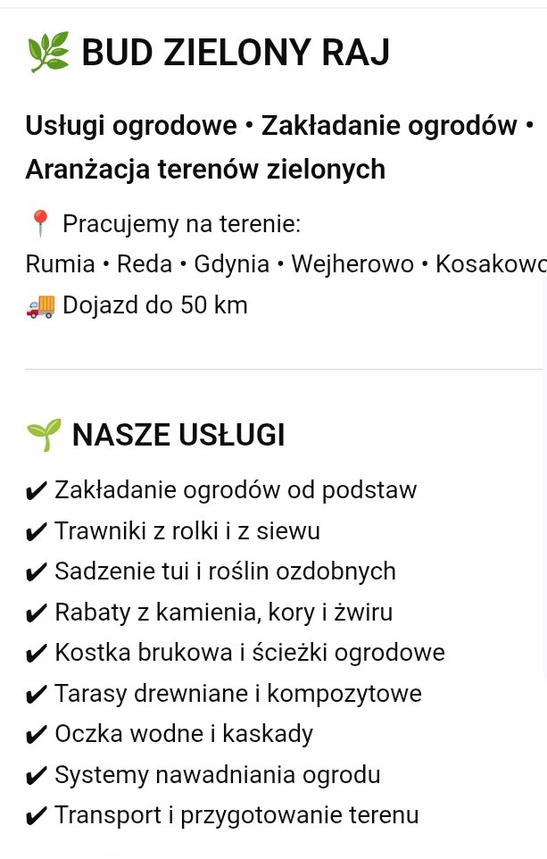 Baner firmy 'Bud Zielony Raj' oferującej usługi ogrodowe: zakładanie ogrodów, trawniki z rolki, sadzenie roślin, kostkę brukową, tarasy, oczka wodne i systemy nawadniania.