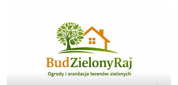 Logo firmy 'BudZielonyRaj' z Rumi. Grafika przedstawia stylizowany dom i drzewo, symbolizujące ogrody i aranżacje terenów zielonych. Napis w kolorach zieleni i pomarańczy.