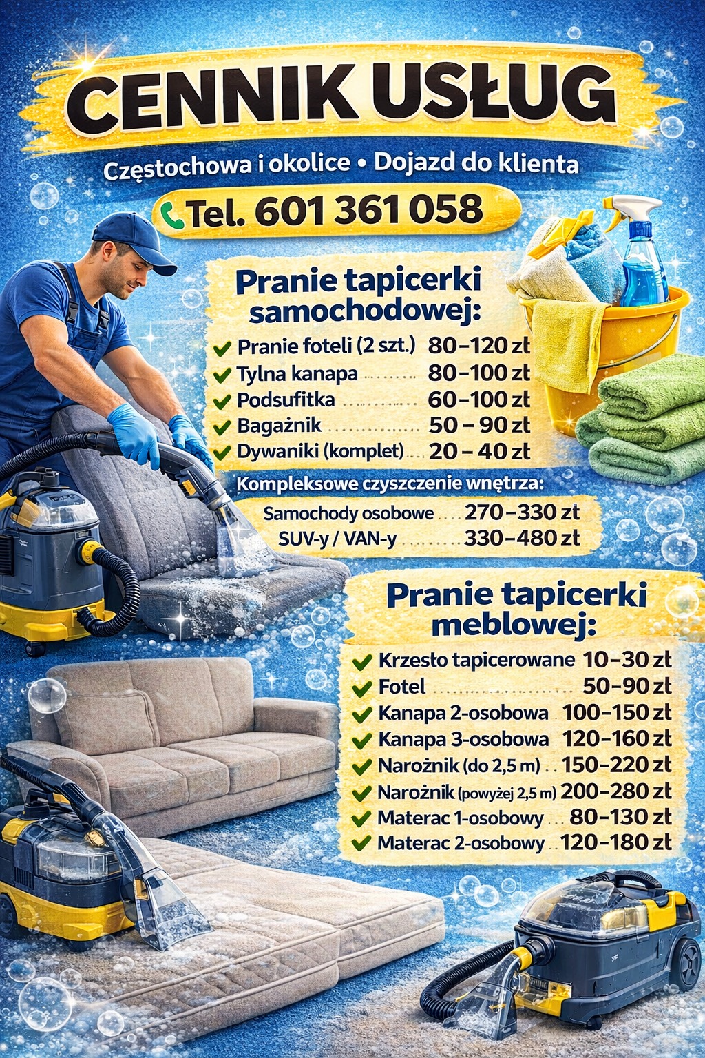 Cennik usług prania tapicerki samochodowej i meblowej w Częstochowie. Oferta obejmuje fotele, kanapy, dywaniki, materace i inne. Kontakt telefoniczny.