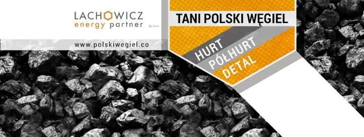 Tani polski węgiel od Lachowicz energy partner: zbliżenie na bryły węgla z informacją o sprzedaży hurtowej, półhurtowej i detalicznej. Strona www widoczna na grafice.