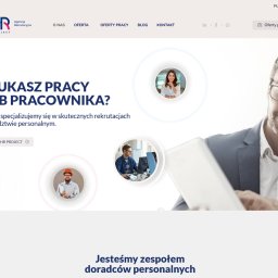 BossCats - Strona internetowa firmy HR Project z hasłem 'Szukasz pracy lub pracownika?' i zdjęciem dwóch mężczyzn w garniturach, sugerująca usługi rekrutacyjne i doradztwo personalne.