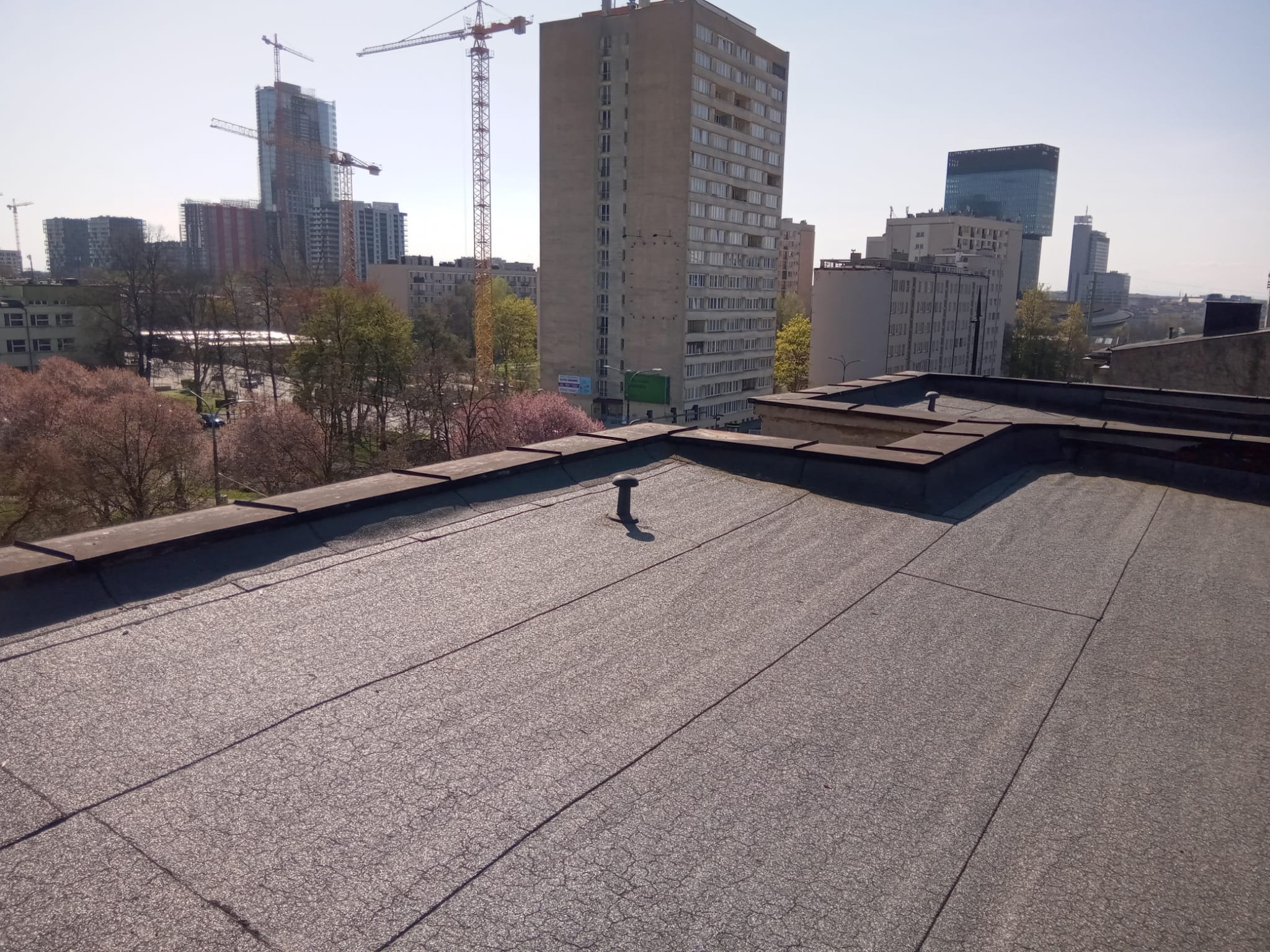 Płaski dach pokryty papą termozgrzewalną na tle panoramy miasta z budynkami i żurawiami budowlanymi w słoneczny dzień. Widoczny kominek wentylacyjny.