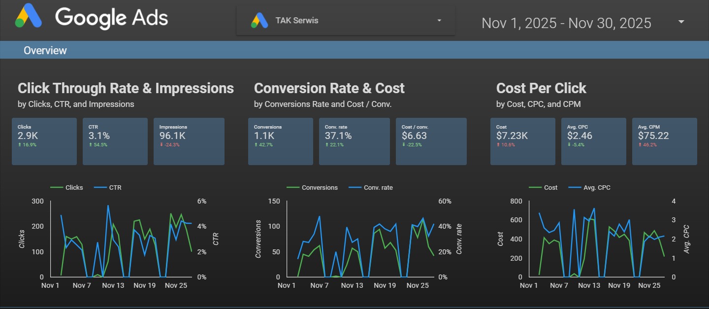 Panel Google Ads z danymi o kampanii reklamowej firmy z Poznania: kliknięcia, CTR, konwersje, koszt. Wykresy i statystyki efektywności kampanii.