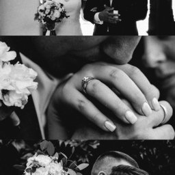 Cho na foty - Marta Kowalewska - Czarno-białe, kolażowe ujęcie pary młodej: spacer, pocałunek dłoni z pierścionkiem i bliski uścisk z bukietem. Subtelne ziarno dodaje klimatu vintage.