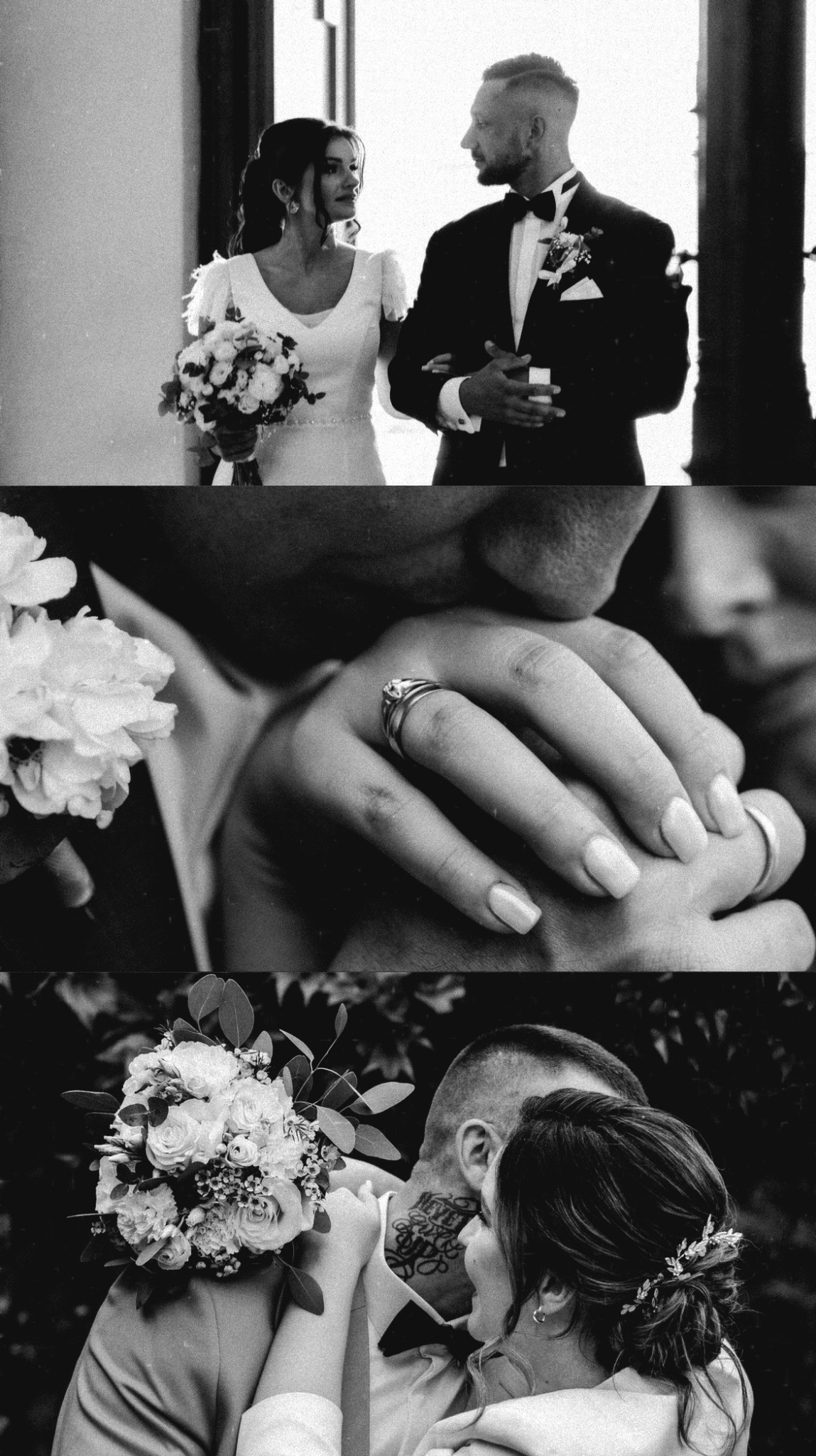 Czarno-białe, kolażowe ujęcie pary młodej: spacer, pocałunek dłoni z pierścionkiem i bliski uścisk z bukietem. Subtelne ziarno dodaje klimatu vintage.