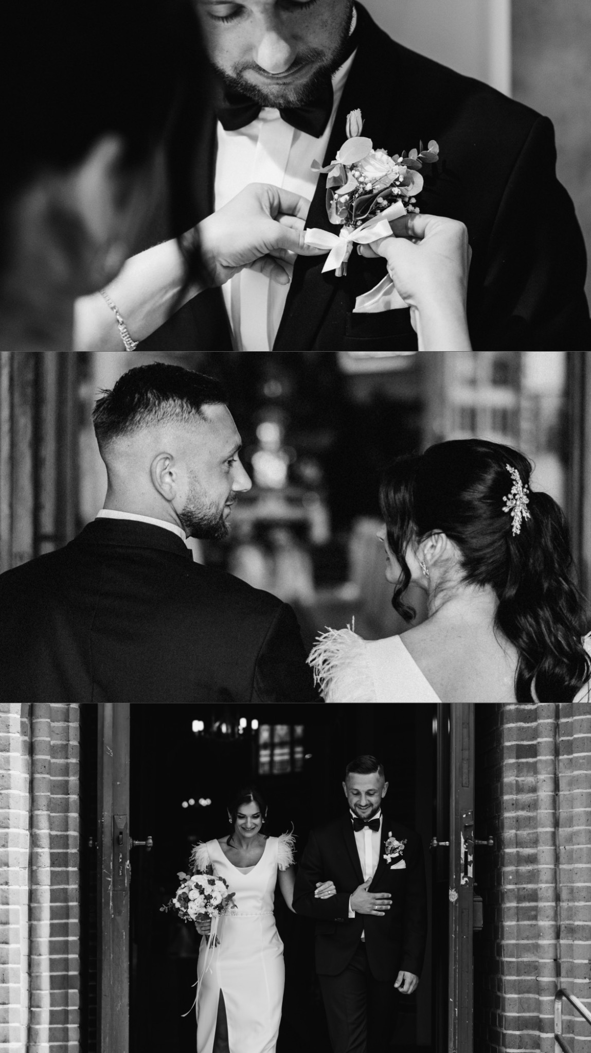 Czarno-białe, kolażowe ujęcie ślubne: przypinanie butonierki, para spoglądająca na siebie, nowożeńcy wychodzący z kościoła. Eleganckie stroje, subtelne detale.