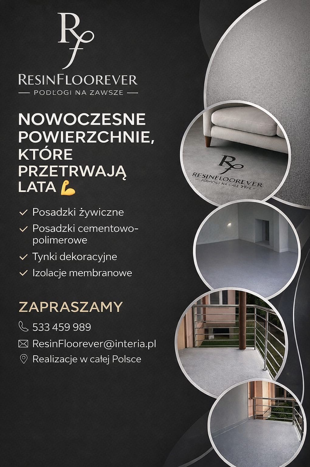 Grafika reklamowa ResinFloorever: nowoczesne powierzchnie, posadzki żywiczne, cementowo-polimerowe, tynki dekoracyjne, izolacje membranowe. Realizacje w całej Polsce.