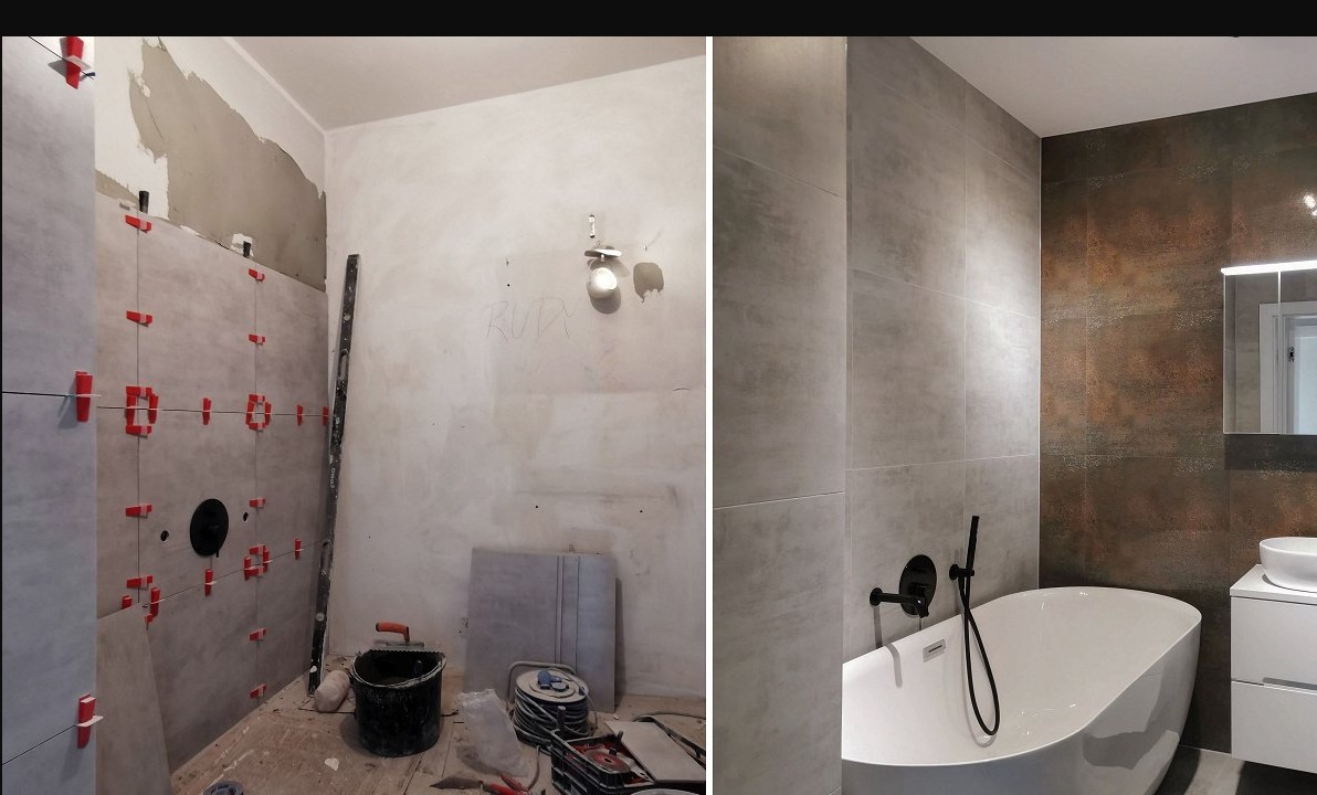 Zdjęcie 'przed i po' prezentujące remont łazienki: od surowych ścian z narzędziami do wykończonej przestrzeni z wanną, umywalką i lustrem. Widoczne płytki w odcieniach szarości i brązu.