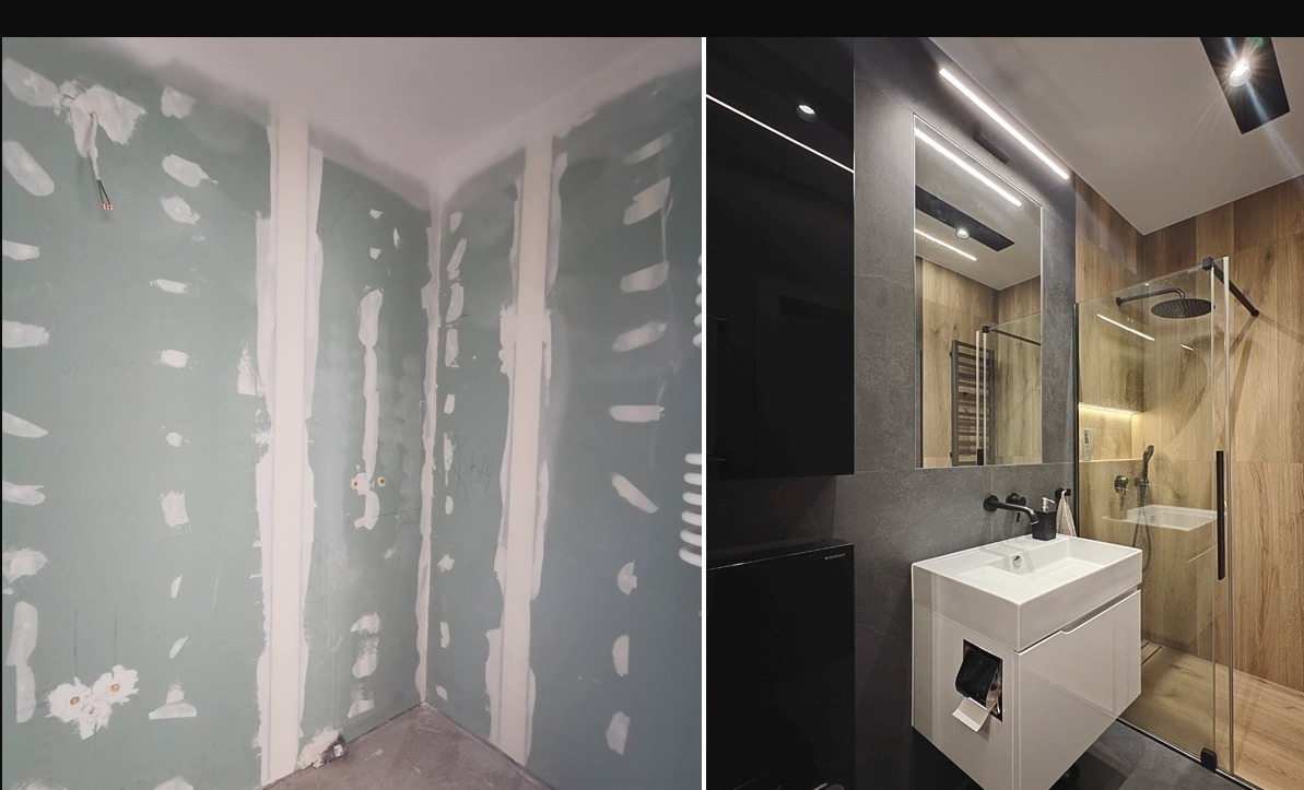 Remont łazienki: ściana z płyt karton-gips przed szpachlowaniem i wykończona, nowoczesna łazienka z kabiną prysznicową, umywalką i oświetleniem LED.
