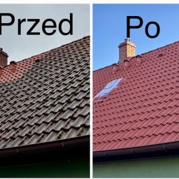 Przedsiębiorstwo Wielobranżowe Mateusz Orłowski - Dachówka przed i po czyszczeniu: po lewej brudna, porośnięta mchem, po prawej czysta, czerwona dachówka, błękitne niebo w tle. Widoczny komin i rynna.