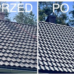 Przedsiębiorstwo Wielobranżowe Mateusz Orłowski - Dachówka przed i po czyszczeniu, widoczne zabrudzenia i efekt po usunięciu mchu. Porównanie stanu dachu przed i po zabiegu, z wyraźną różnicą w czystości.