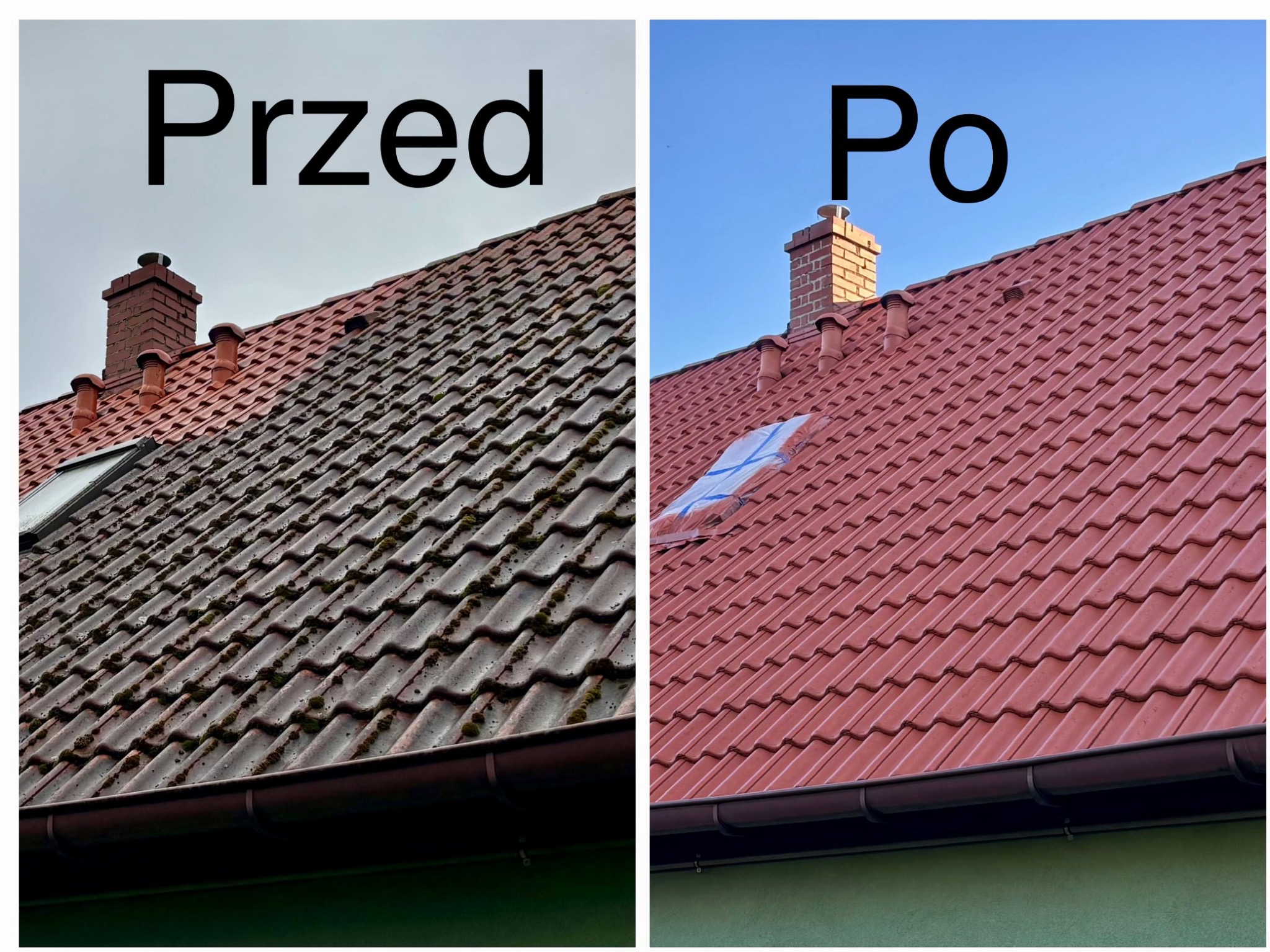 Dachówka przed i po czyszczeniu: po lewej brudna, porośnięta mchem, po prawej czysta, czerwona dachówka, błękitne niebo w tle. Widoczny komin i rynna.