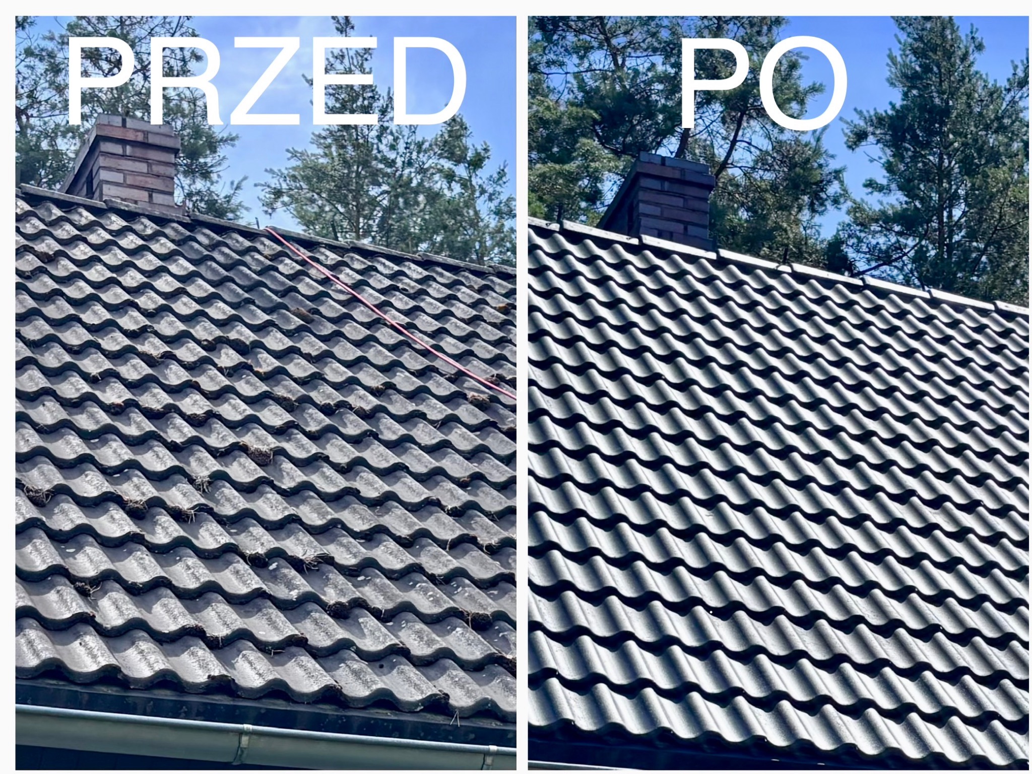 Dachówka przed i po czyszczeniu, widoczne zabrudzenia i efekt po usunięciu mchu. Porównanie stanu dachu przed i po zabiegu, z wyraźną różnicą w czystości.