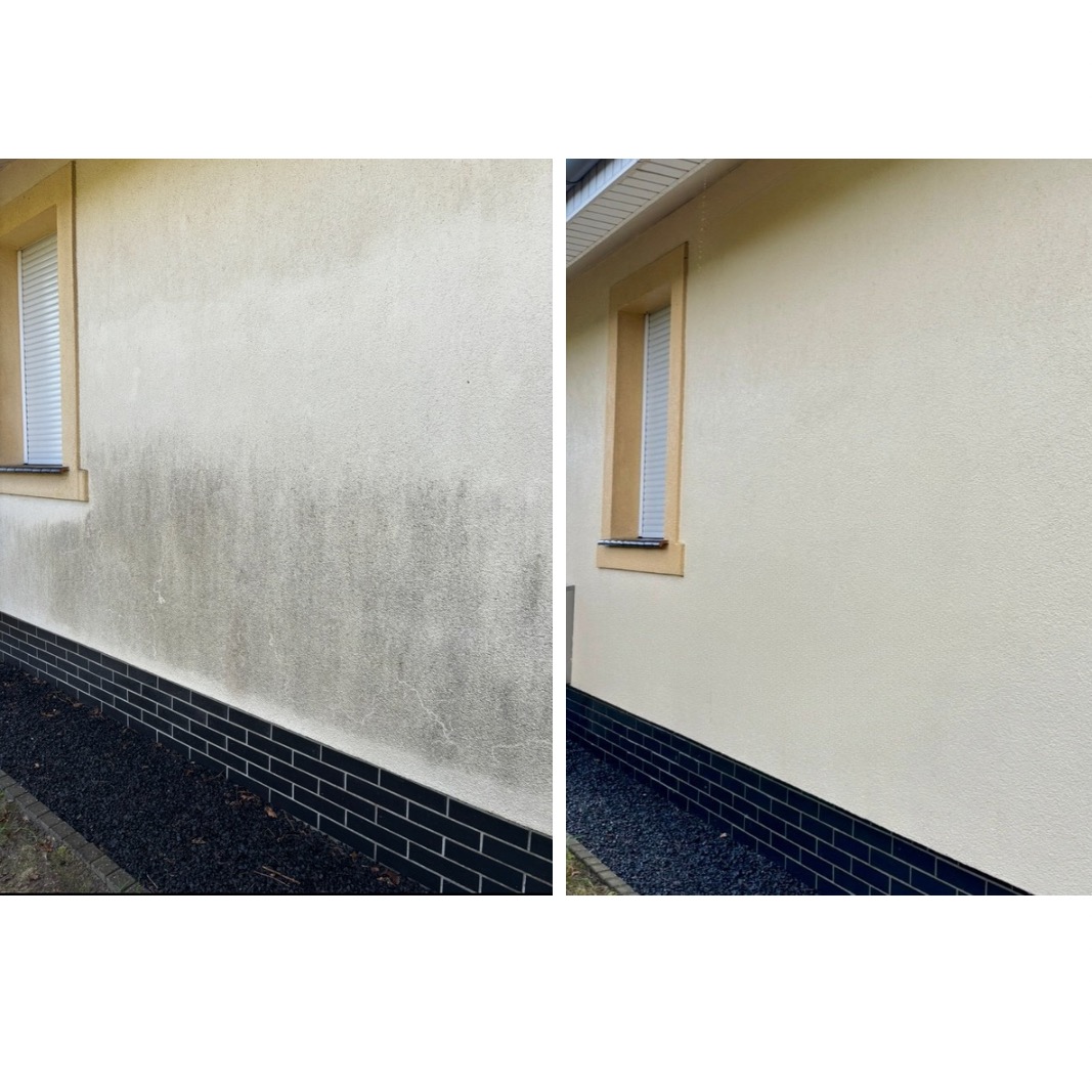 Elewacja budynku przed i po czyszczeniu. Widoczne zabrudzenia na ścianie po lewej stronie i czysta elewacja po prawej, z oknem w ramie.