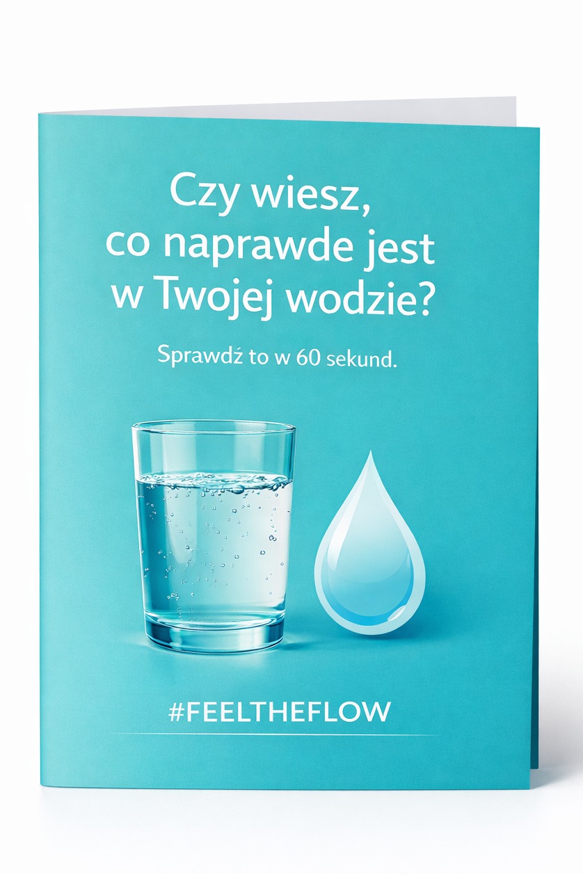 Błękitna broszura z pytaniem o skład wody, szklanka wody i grafika kropli. Hasło #FEELTHEFLOW. Sprawdź w 60 sekund.