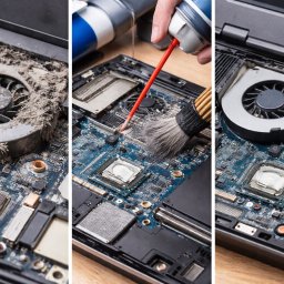 Taras Prokipiuk - Czyszczenie wnętrza laptopa we Wrocławiu: widok przed, w trakcie i po. Usunięcie kurzu z płyty głównej i wentylatora, użycie sprężonego powietrza i pędzla.