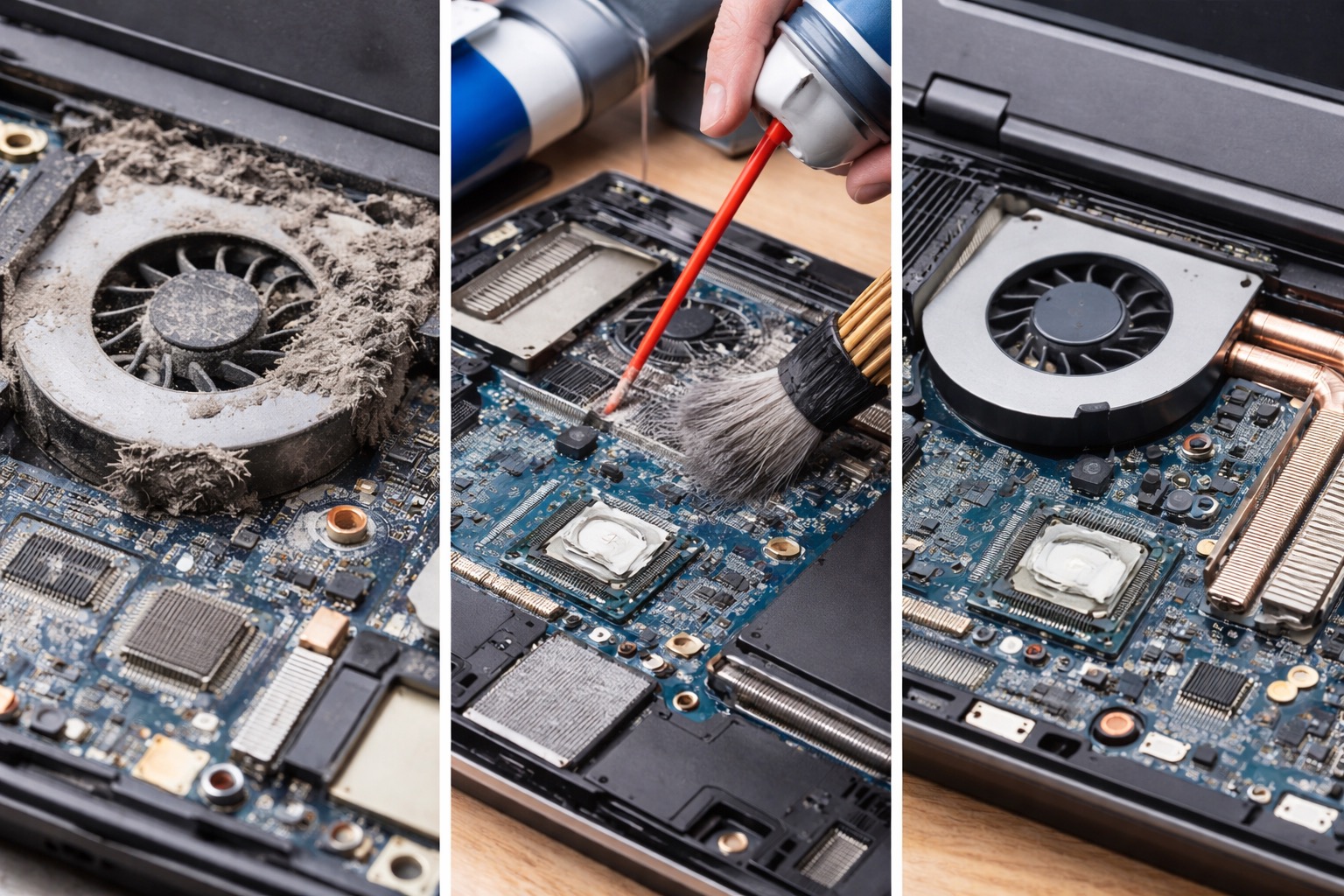 Czyszczenie wnętrza laptopa we Wrocławiu: widok przed, w trakcie i po. Usunięcie kurzu z płyty głównej i wentylatora, użycie sprężonego powietrza i pędzla.