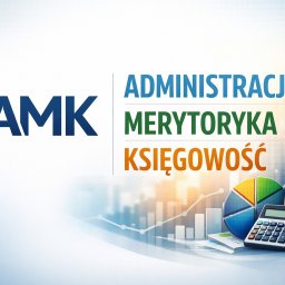 AMK Marcin Klecha - Grafika z logo AMK, hasłami: Administracja, Merytoryka, Księgowość, wykresem kołowym, kalkulatorem i listą kontrolną na tle wykresu słupkowego.
