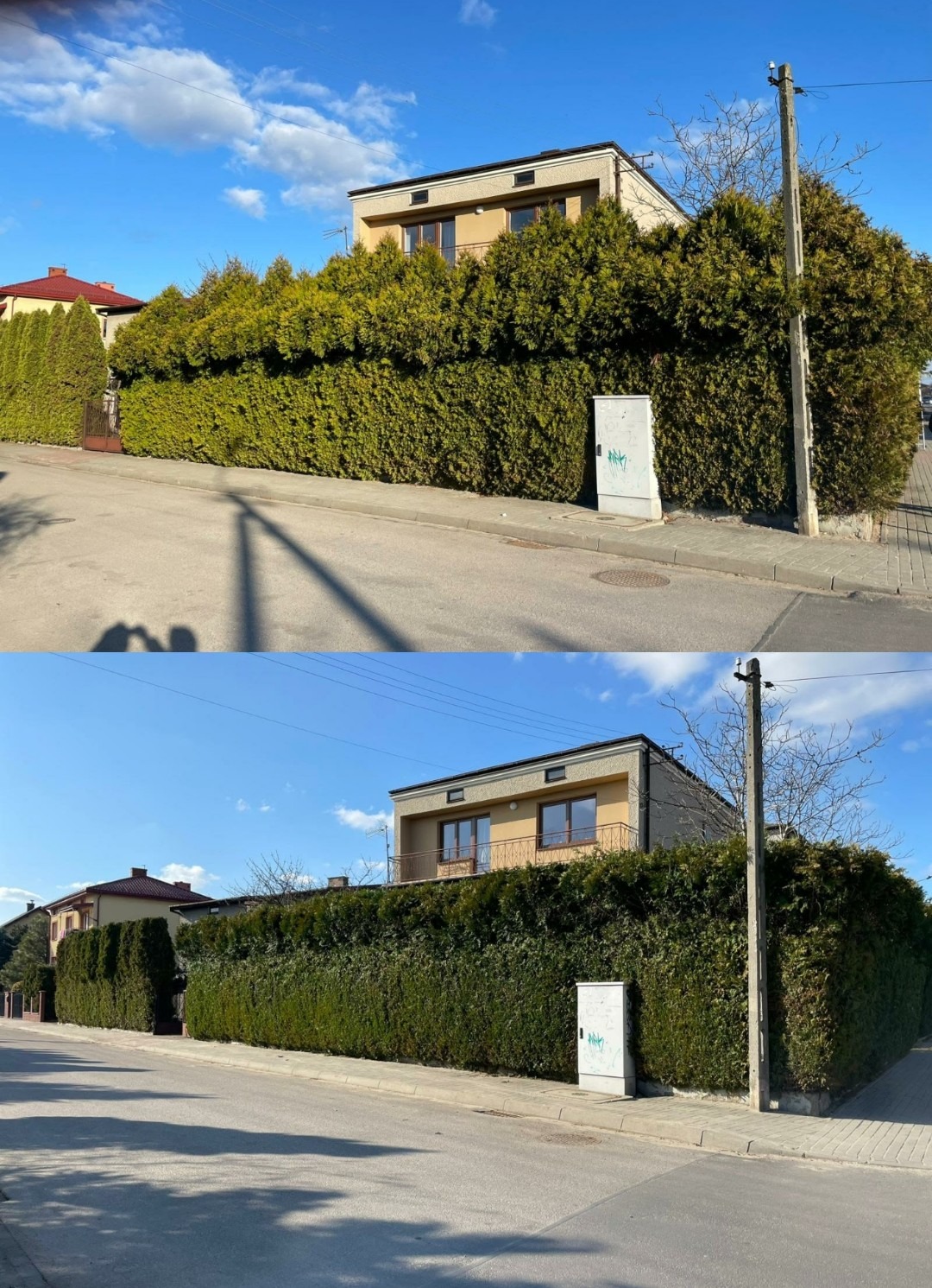 Zdjęcie 'przed i po' przedstawia dom z żywopłotem: bujny, nieprzycięty żywopłot przed domem i schludny, równo przycięty żywopłot po wykonanej usłudze ogrodniczej.