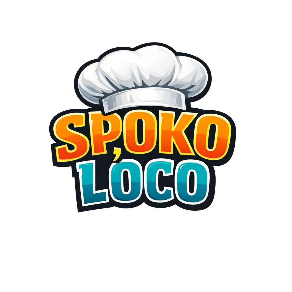 Kolorowe logo 'Spoko Loco' z czcionką w stylu cartoon, zwieńczone białą czapką kucharską na białym tle. Żółto-pomarańczowe 'Spoko', turkusowe 'Loco'.