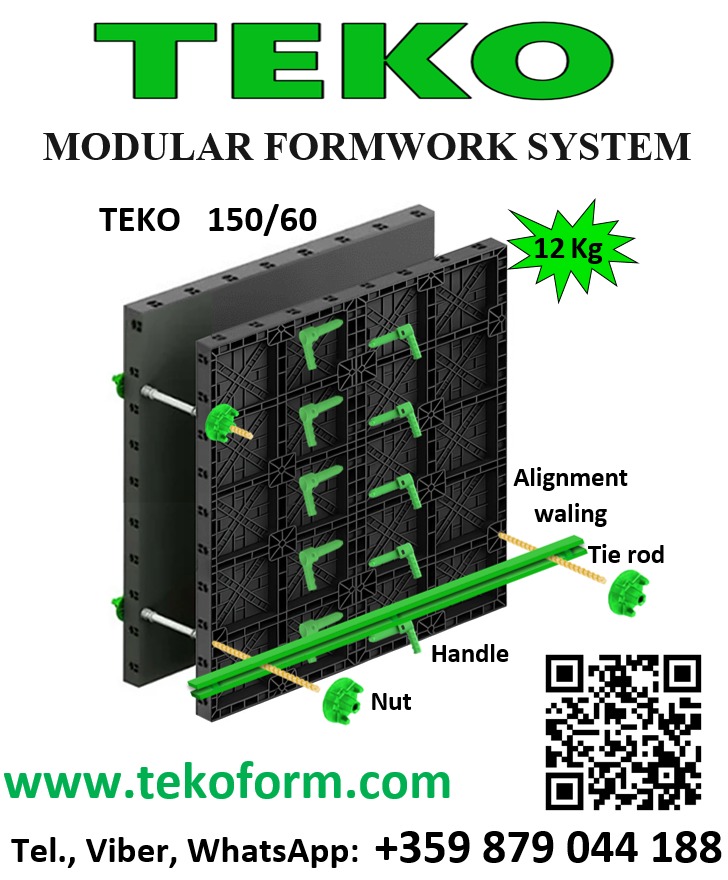 Ilustracja systemu szalunków modułowych TEKO 150/60 z elementami mocującymi, uchwytem i nakrętką. Widoczny kod QR i adres strony www.tekoform.com.