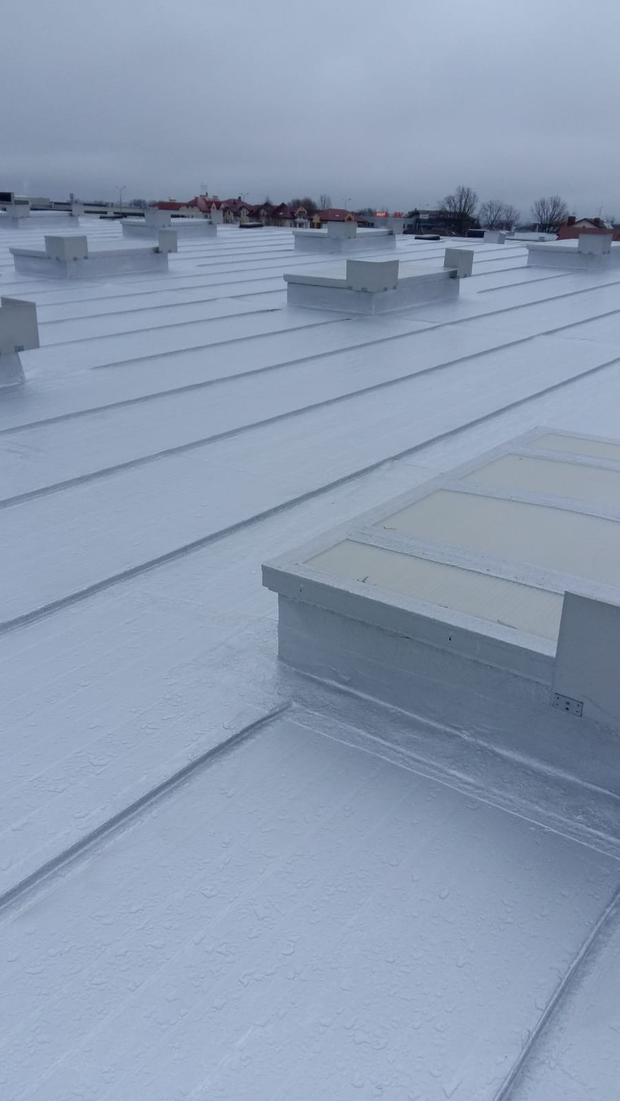 Płaski dach pokryty srebrną, połyskującą farbą hydroizolacyjną z widocznymi świetlikami i elementami wentylacyjnymi. W tle zabudowa miejska i pochmurne niebo.