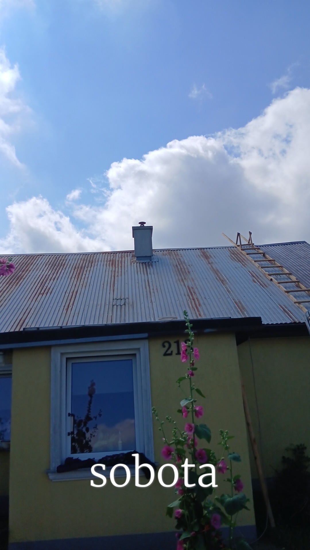 Falista blacha na dachu domu z kominem i drabiną w Wawrzeńczycach. Widoczne okno i kwiaty malwy. Błękitne niebo z chmurami w tle.