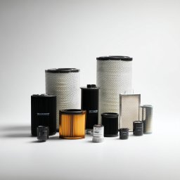 Bauredo - Zestaw filtrów do maszyn budowlanych: powietrza, oleju i paliwa. Różne rozmiary i typy, od cylindrycznych po panelowe, w kolorach czarnym, białym i pomarańczowym.