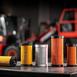 Bauredo - Filtry do maszyn budowlanych: żółte, srebrny i pomarańczowe na stole warsztatowym, w tle wózek widłowy i podnośnik nożycowy. Precyzyjne wykonanie, dbałość o detale.