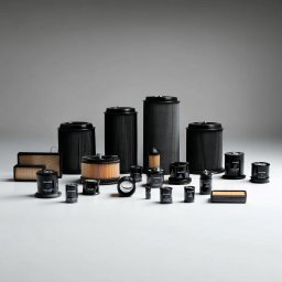 Bauredo - Zestaw różnorodnych filtrów przemysłowych marki Mann Filter, w tym olejowe, paliwowe i powietrzne, na jasnym tle. Widoczne filtry cylindryczne, puszkowe i panelowe.