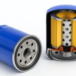Bauredo - Niebieski filtr oleju silnikowego: przekrój ukazuje żółty wkład filtrujący. Obok leży drugi, kompletny filtr. Precyzyjne detale, czyste tło.
