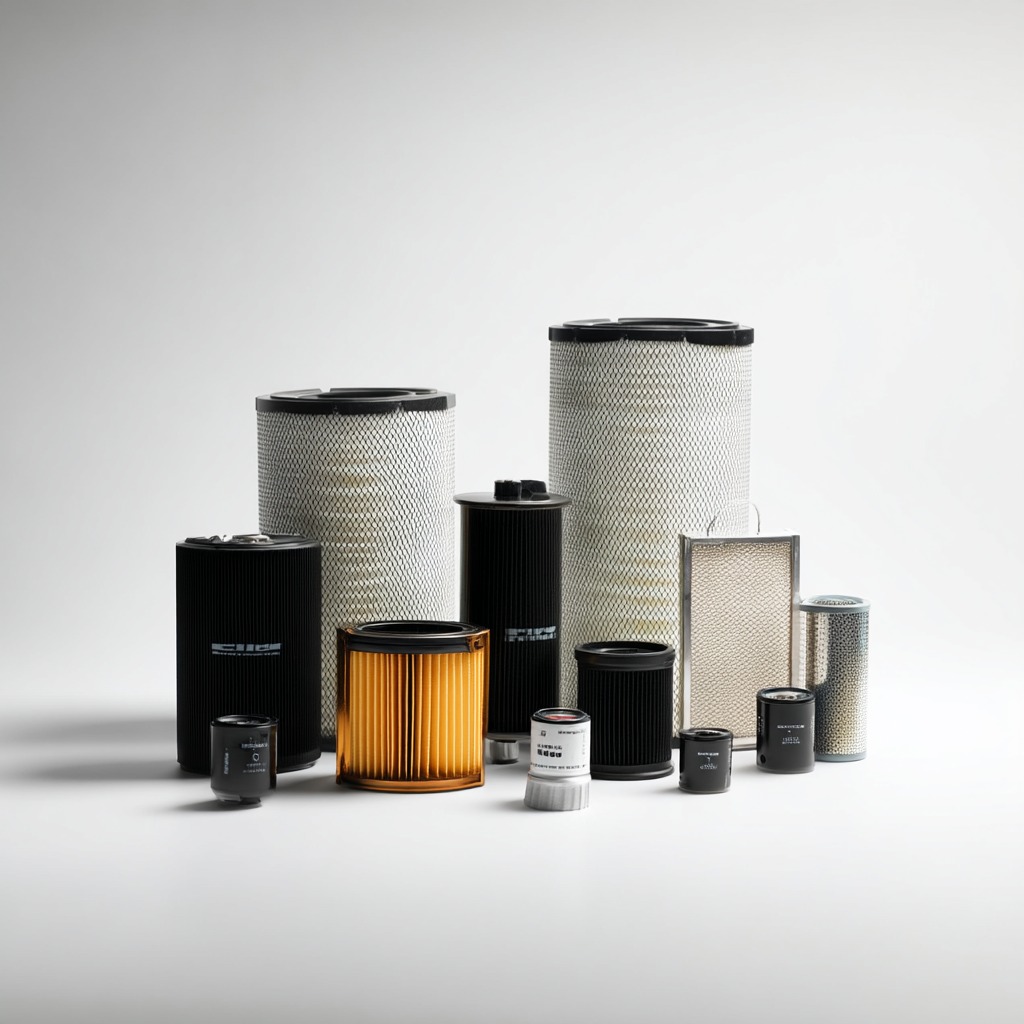 Zestaw filtrów do maszyn budowlanych: powietrza, oleju i paliwa. Różne rozmiary i typy, od cylindrycznych po panelowe, w kolorach czarnym, białym i pomarańczowym.