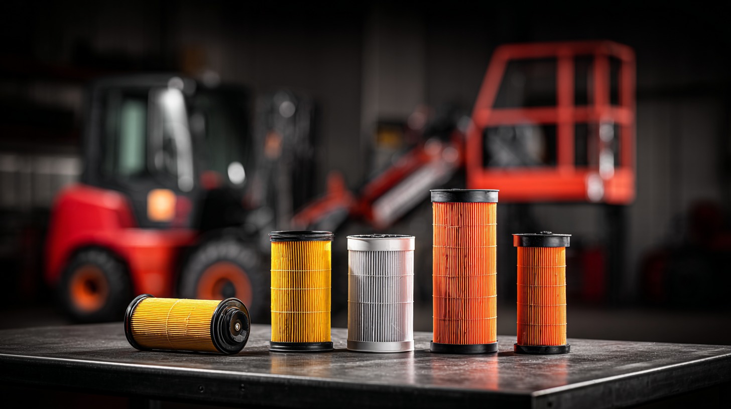 Filtry do maszyn budowlanych: żółte, srebrny i pomarańczowe na stole warsztatowym, w tle wózek widłowy i podnośnik nożycowy. Precyzyjne wykonanie, dbałość o detale.